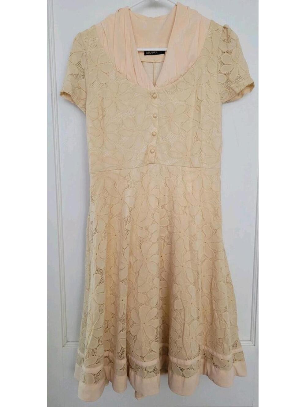 MIUSOL Retro 60s Fit & Flare Dress Women’s Large Cream/Beige Floral Lace